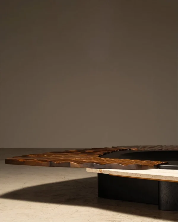 Mara Travertine and Carved Wood Coffee Table, 190 x 165 cm in oatmeal — in a room setting
