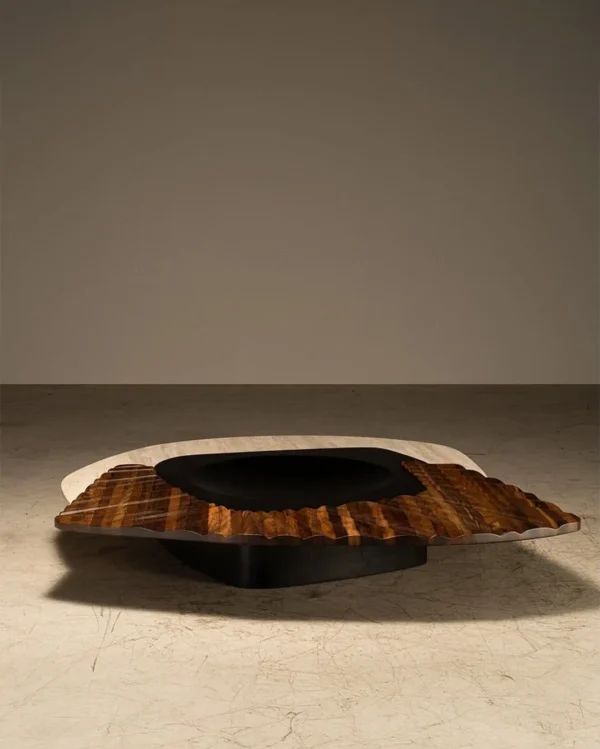 Mara Travertine and Carved Wood Coffee Table, 190 x 165 cm in oatmeal — in a room setting