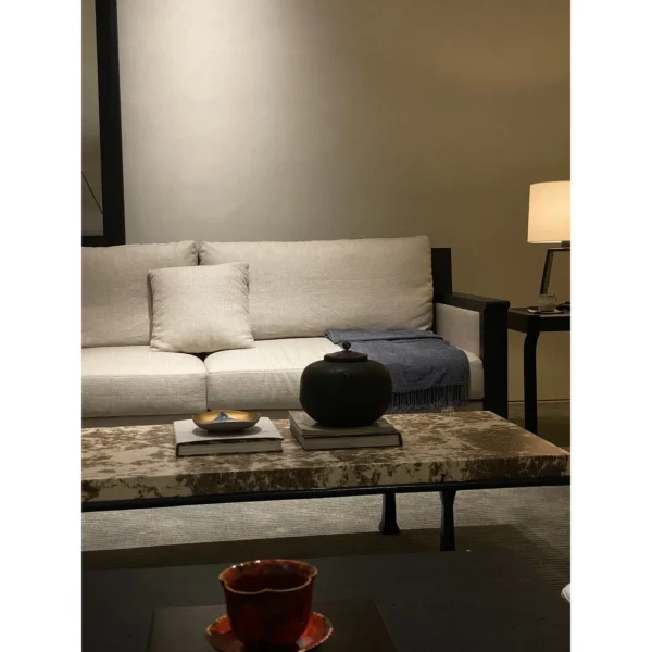 Cherry Blossom Marble Coffee Table on Bronze Legs, 160 cm in slate — in a room setting
