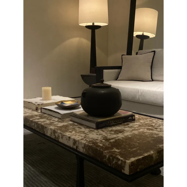 Cherry Blossom Marble Coffee Table on Bronze Legs, 160 cm in slate — in a room setting