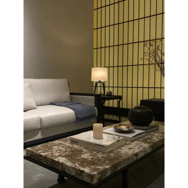 Cherry Blossom Marble Coffee Table on Bronze Legs, 160 cm in slate — in a room setting