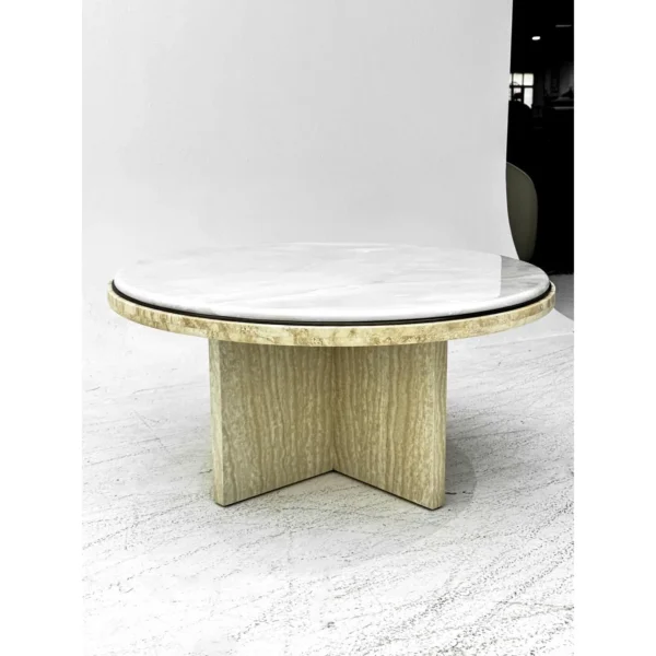 Round Ice Jade Marble Coffee Table in ivory — in a room setting