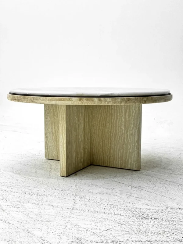 Round Ice Jade Marble Coffee Table in ivory — in a room setting