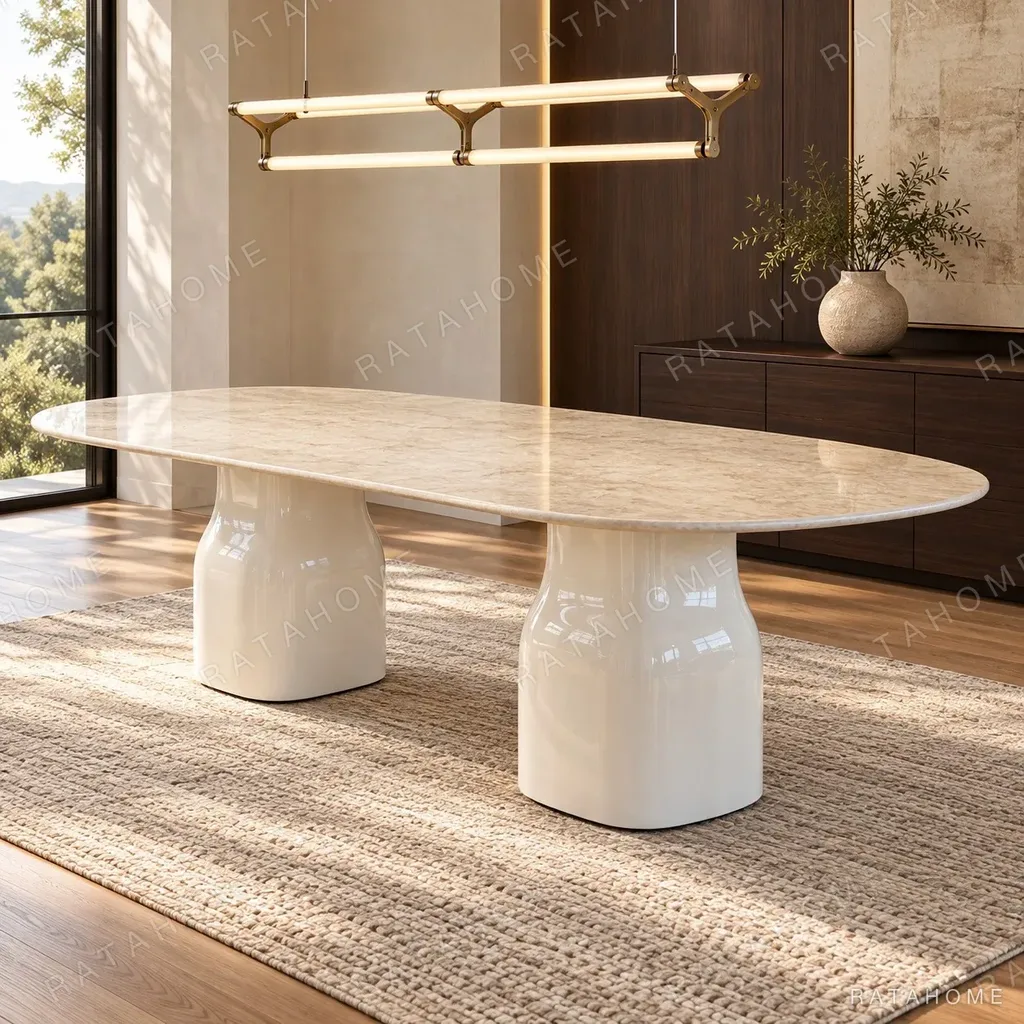 Rounded Rectangular Marble Dining Table on Pedestal Base in oatmeal — in a room setting
