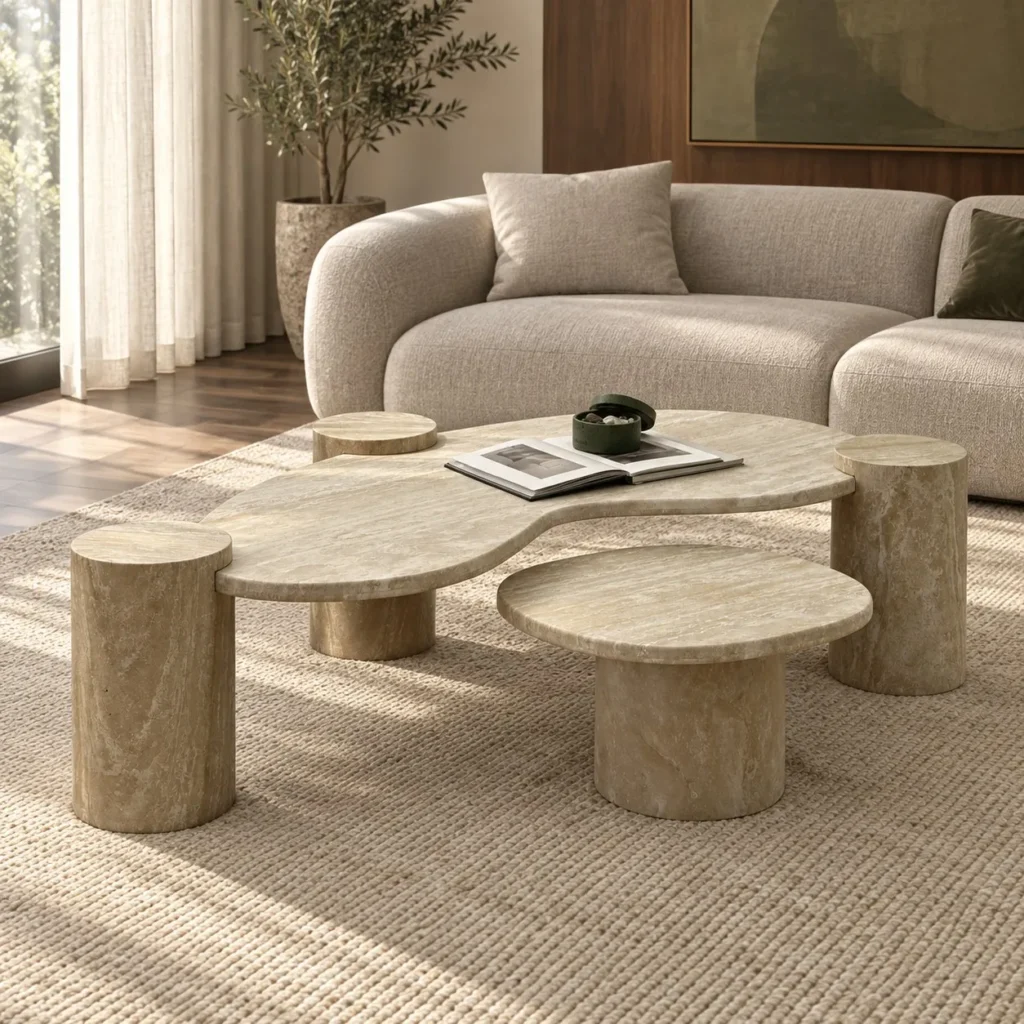 Organic Travertine Coffee Table with Cylinder Side Tables in sand — front view