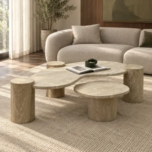 Organic Travertine Coffee Table with Cylinder Side Tables in sand — front view
