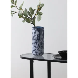 Blue Marble Pattern Cylinder Glass Vase, Large or Small in blue — in a room setting