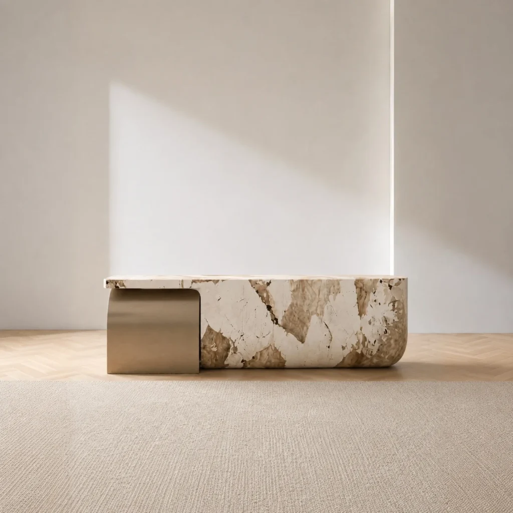 Curved Marble Reception Desk with Brushed Metal Wrap in sand — front view