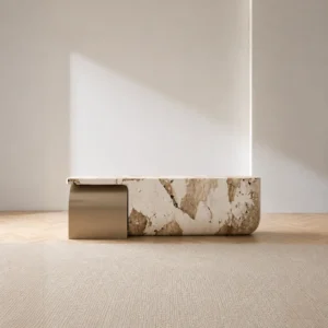 Curved Marble Reception Desk with Brushed Metal Wrap in sand — front view