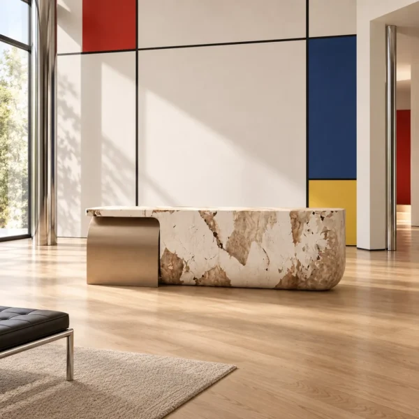 Curved Marble Reception Desk with Brushed Metal Wrap in sand — in a room setting