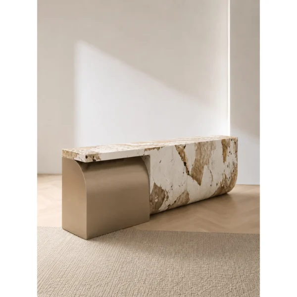 Curved Marble Reception Desk with Brushed Metal Wrap in sand — in a room setting