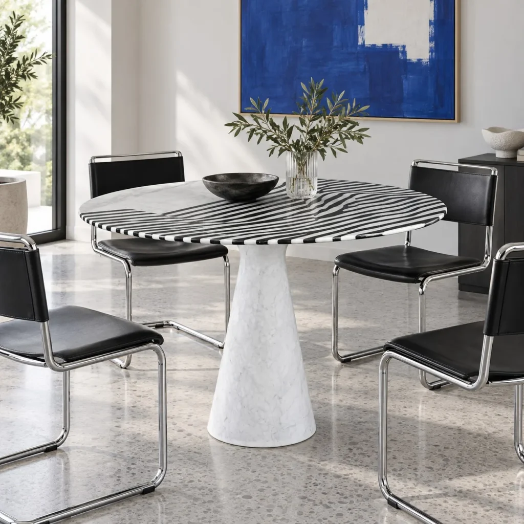 Black and White Striped Marble Round Table in black — front view