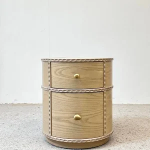 Round Ash Nightstand with Marble Top and Rope Trim — front view