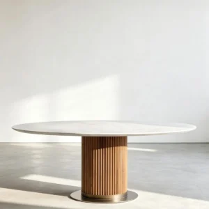 Marble Oval Dining Table on Fluted Wood Drum in ivory — front view