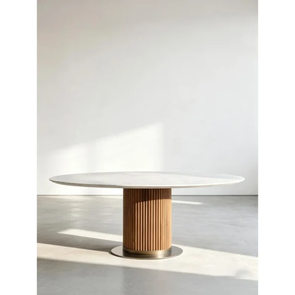 Marble Oval Dining Table on Fluted Wood Drum in ivory — in a room setting