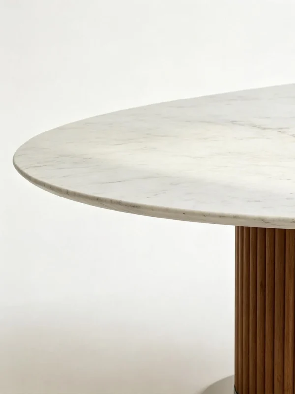 Marble Oval Dining Table on Fluted Wood Drum in ivory — detail