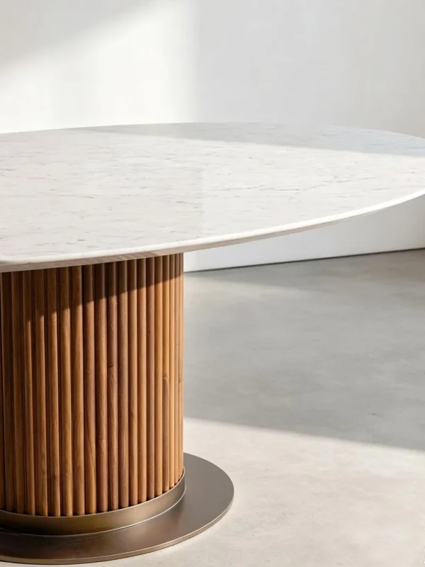 Marble Oval Dining Table on Fluted Wood Drum in ivory — detail