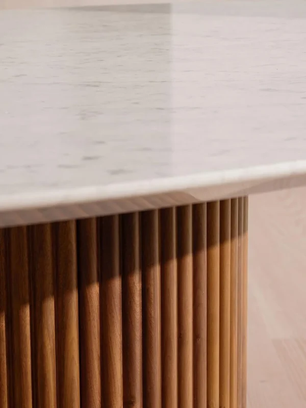 Marble Oval Dining Table on Fluted Wood Drum in ivory — detail