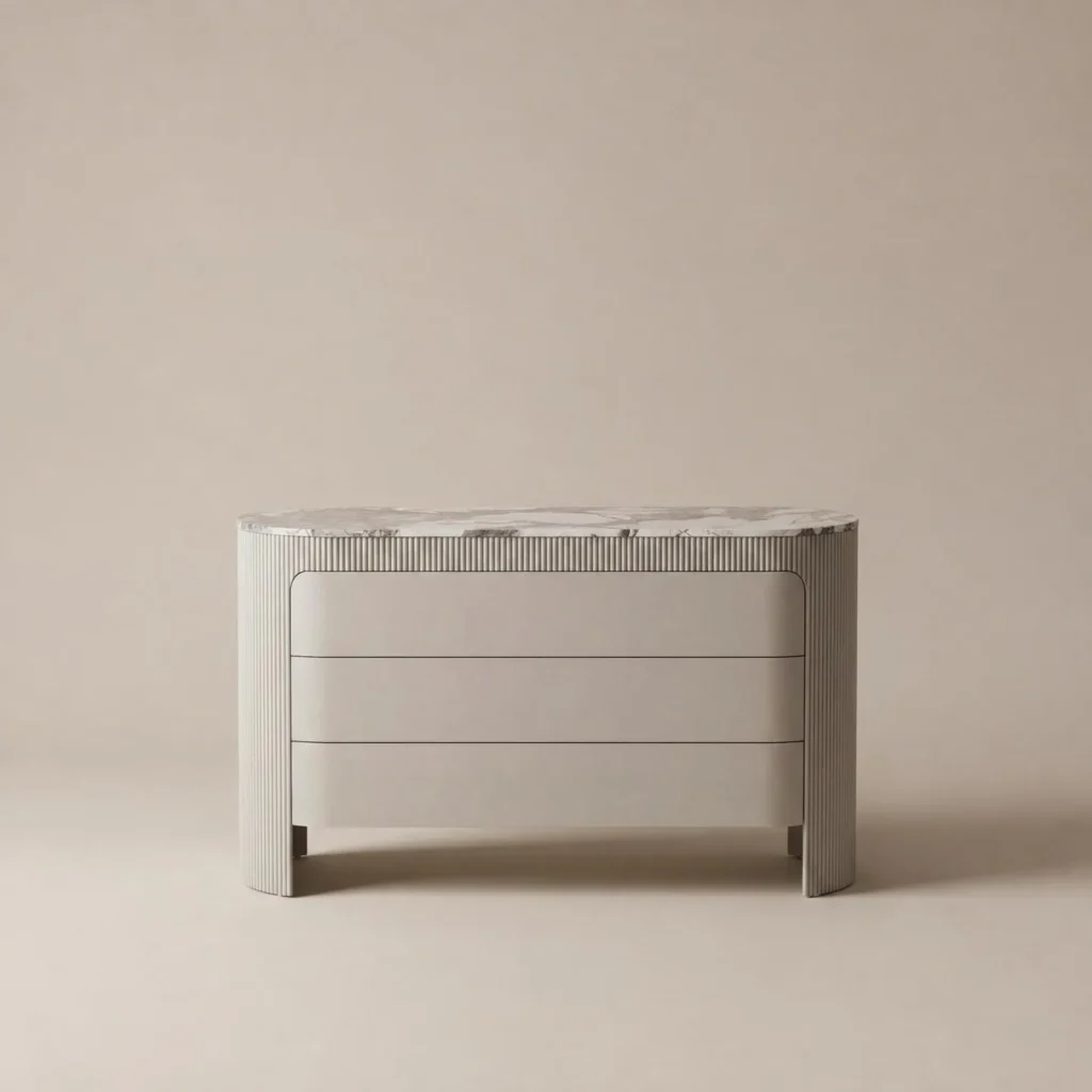 Cream Fluted Three-Drawer Chest in oatmeal — front view