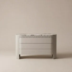 Cream Fluted Three-Drawer Chest in oatmeal — front view