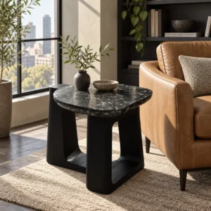 Black Marble Side Table on Black Geometric Wood Base in black — front view