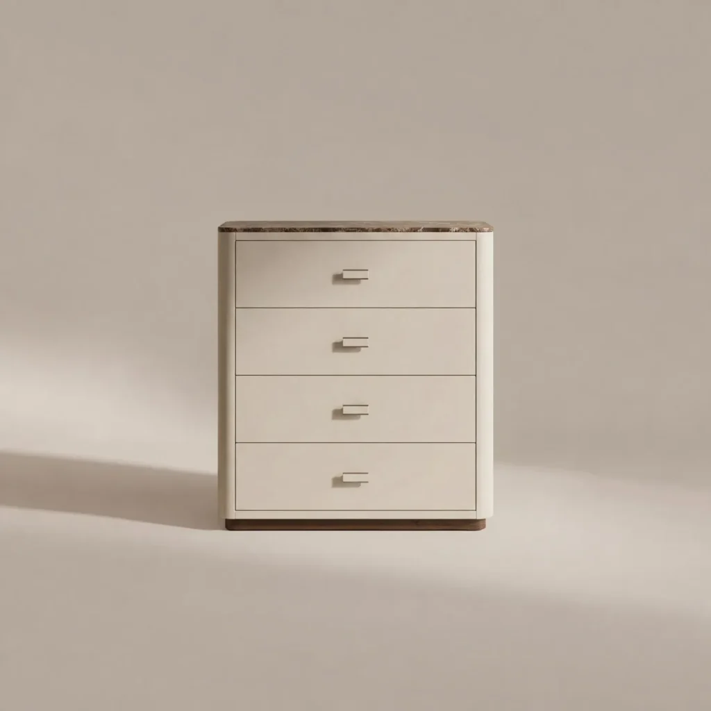 Marble-Top Leather Four-Drawer Chest in oatmeal — front view