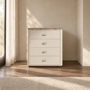 Marble-Top Leather Four-Drawer Chest in oatmeal — in a room setting