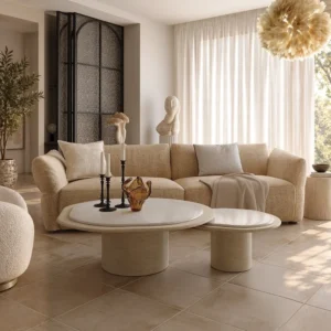 Marble and Travertine Nesting Coffee Table Pair in oatmeal — front view