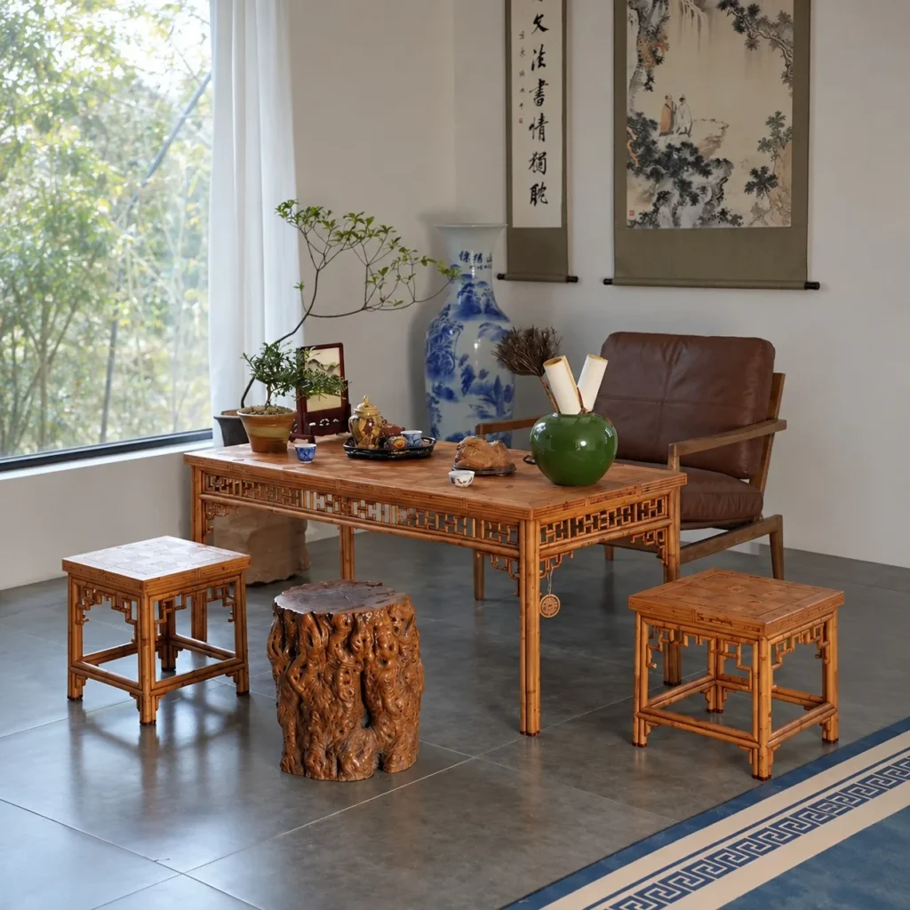 Marquetry Bamboo Rectangular Tea Table with Lattice Apron in clay — front view