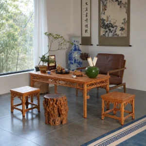 Marquetry Bamboo Rectangular Tea Table with Lattice Apron in clay — front view
