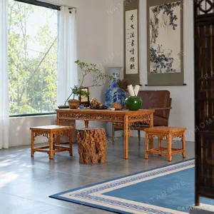 Marquetry Bamboo Rectangular Tea Table with Lattice Apron in clay — in a room setting