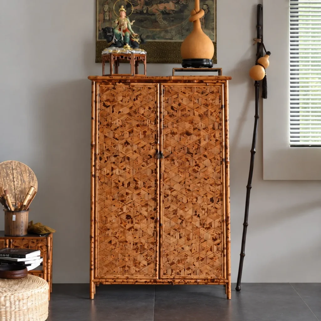 Bamboo Marquetry Double-Door Tall Cabinet in clay — front view