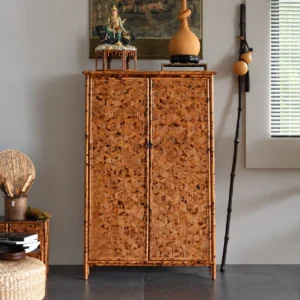 Bamboo Marquetry Double-Door Tall Cabinet in clay — front view