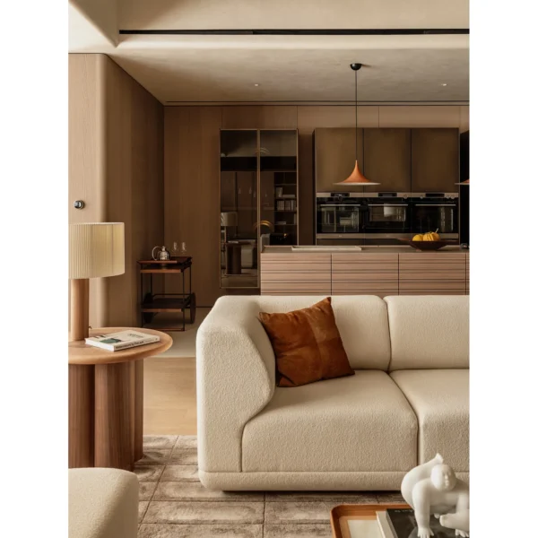 Marquetry Drum Column Side Table in Oak and Walnut, 70 cm — in a room setting