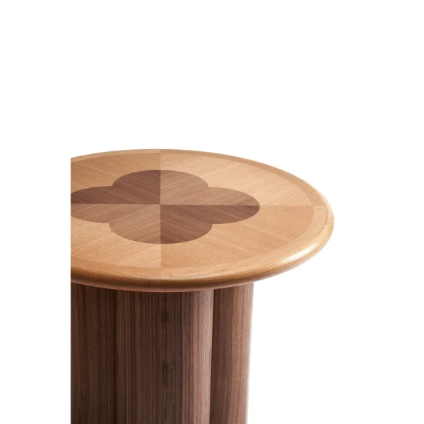 Marquetry Drum Column Side Table in Oak and Walnut, 70 cm — in a room setting