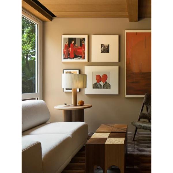 Marquetry Drum Column Side Table in Oak and Walnut, 70 cm — in a room setting
