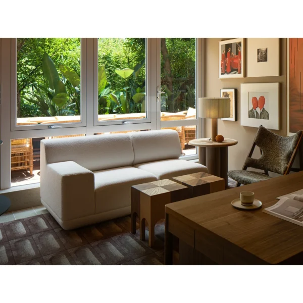 Marquetry Drum Column Side Table in Oak and Walnut, 70 cm — in a room setting