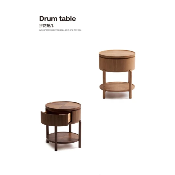 Marquetry Drum Side Table in Black Walnut, 52 cm — in a room setting