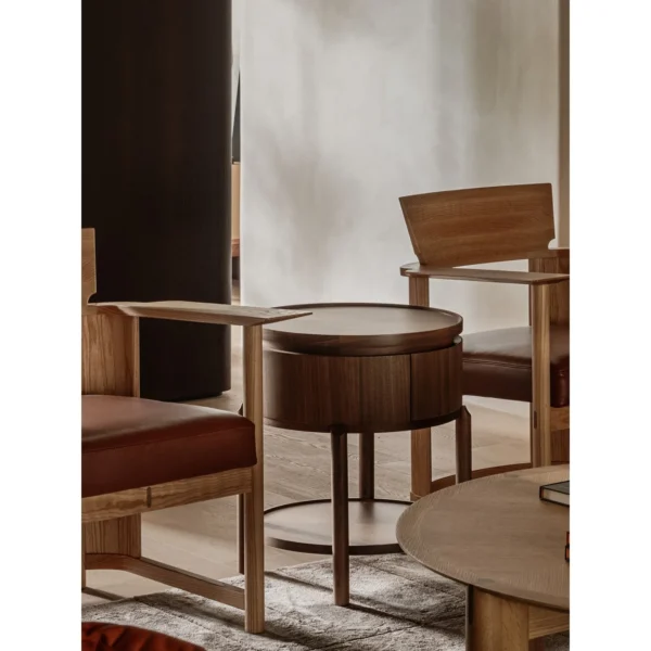 Marquetry Drum Side Table in Black Walnut, 52 cm — in a room setting