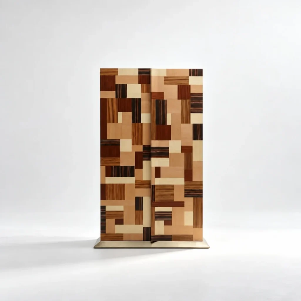 Marquetry Tall Cabinet in Mixed Wood Veneers with Lit Interior, 192 cm — front view