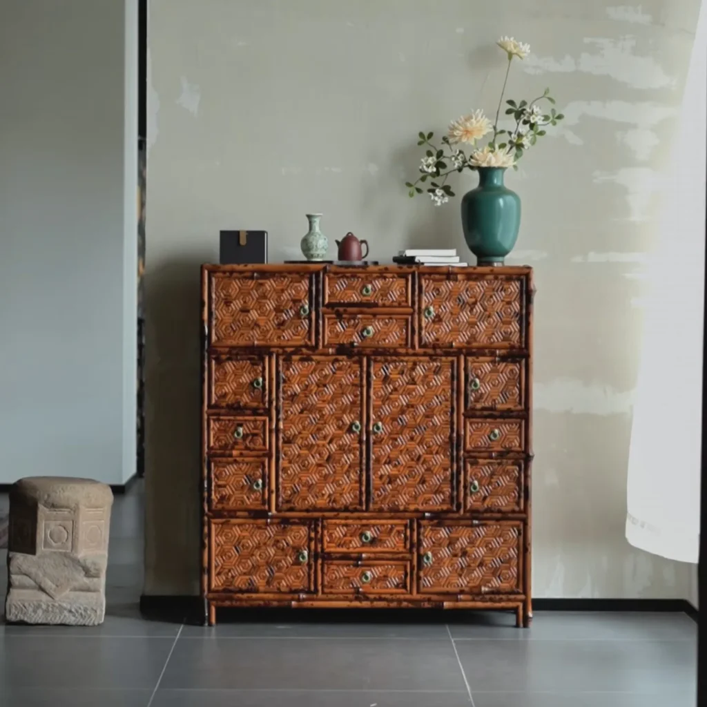 Bamboo Marquetry Treasure Cabinet with Many Drawers in clay — front view