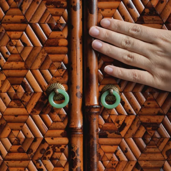 Bamboo Marquetry Treasure Cabinet with Many Drawers in clay — in a room setting