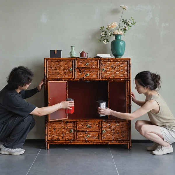 Bamboo Marquetry Treasure Cabinet with Many Drawers in clay — in a room setting