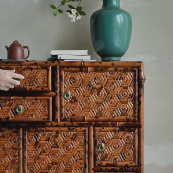 Bamboo Marquetry Treasure Cabinet with Many Drawers in clay — detail
