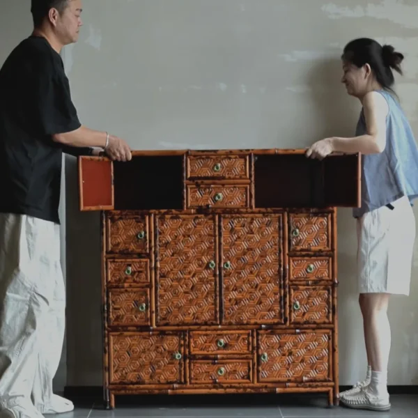Bamboo Marquetry Treasure Cabinet with Many Drawers in clay — detail