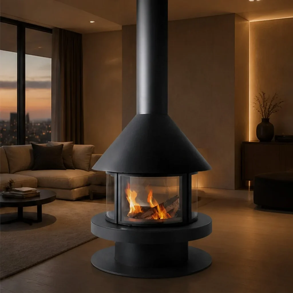 Martti Freestanding Pagoda Fireplace with Curved Glass in black — front view