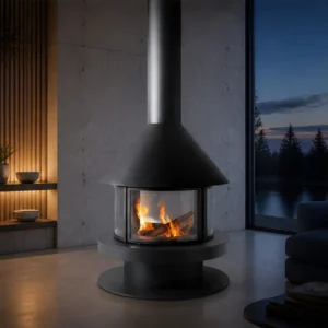Martti Freestanding Pagoda Fireplace with Curved Glass in black — in a room setting