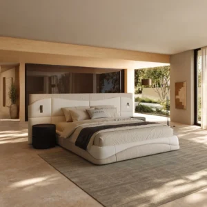Wide-Screen Sectioned Headboard Bed in Two-Tone Linen — front view