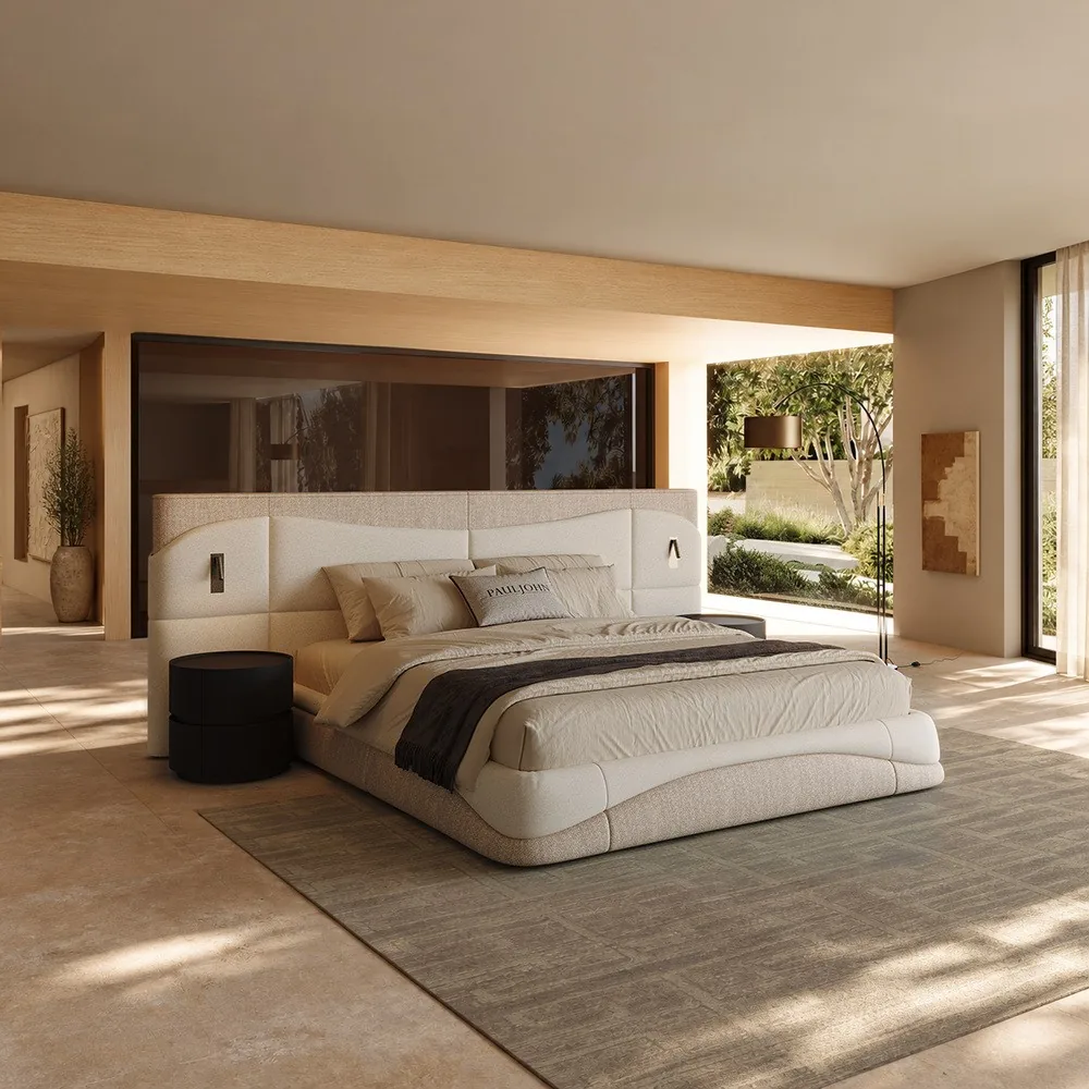 Wide-Screen Sectioned Headboard Bed in Two-Tone Linen — front view