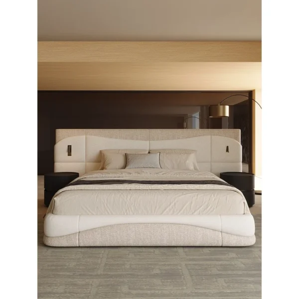 Wide-Screen Sectioned Headboard Bed in Two-Tone Linen — in a room setting